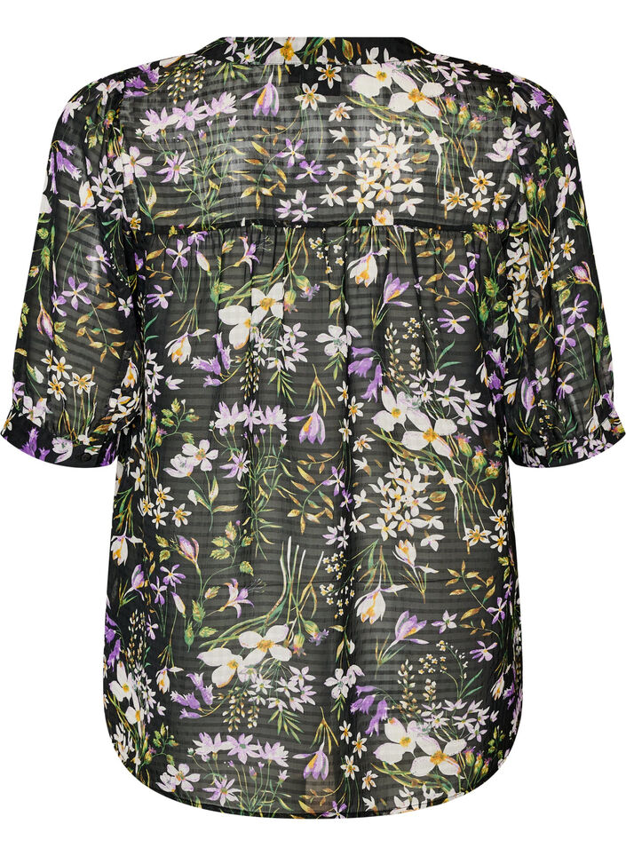 Blouse met bloemenprint en V-hals, Zwart, Packshot image number 1