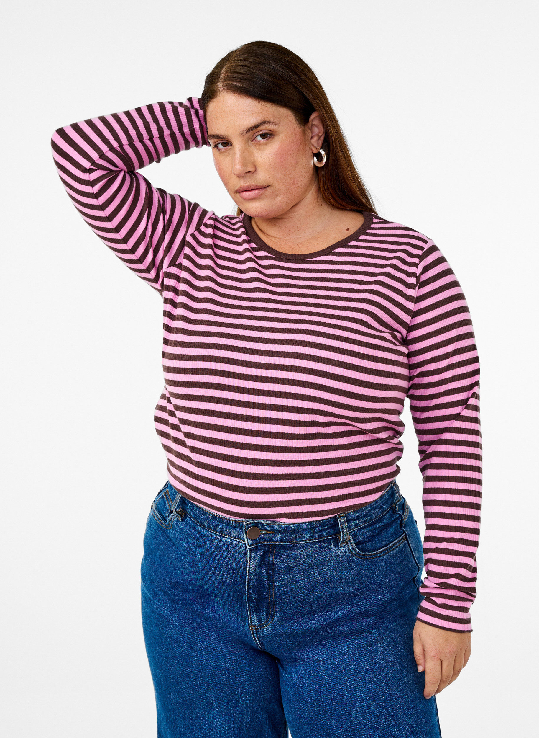 ZizziGestreepte blouse met lange mouwen, Roze, Model image number 0
