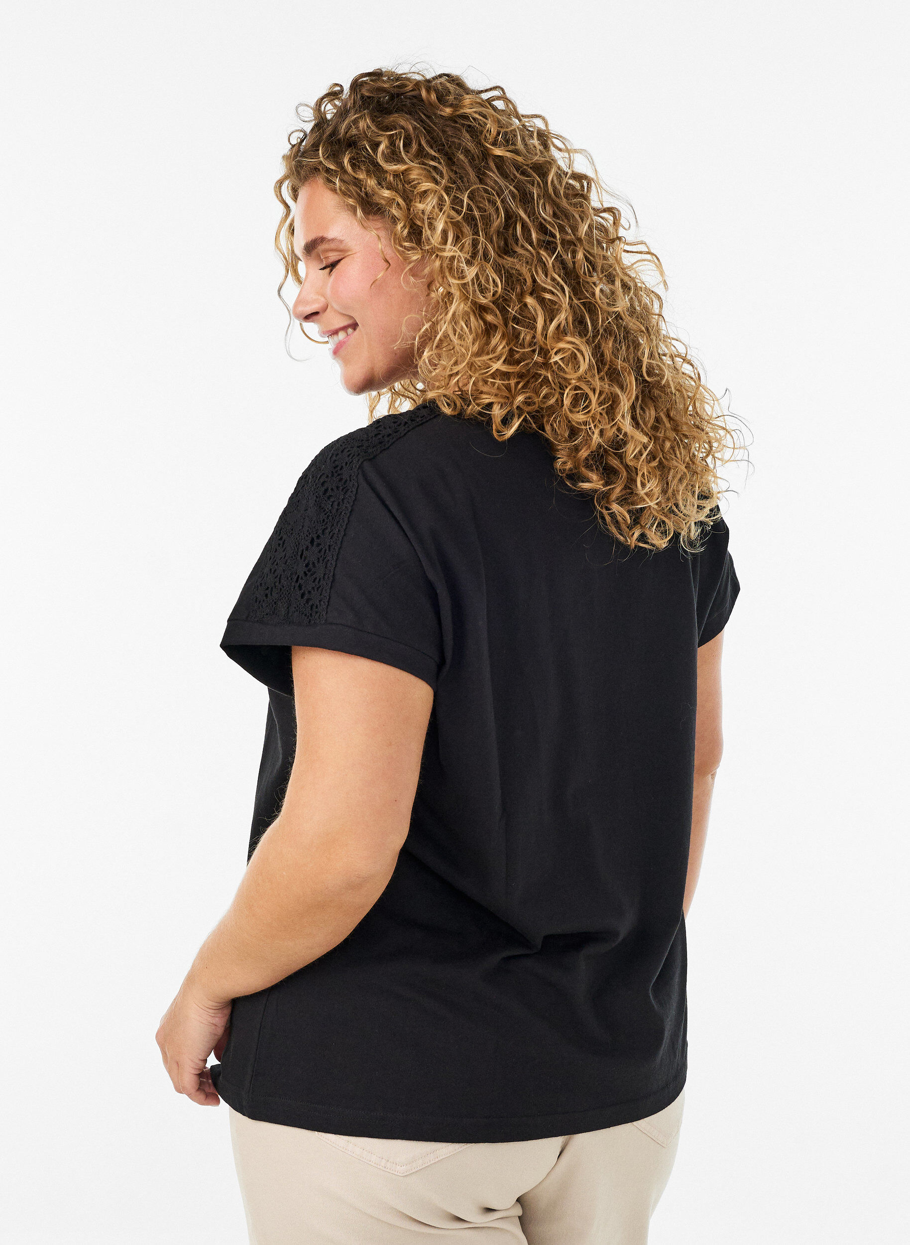 ZizziKatoenen T-shirt met haakdetail, Zwart, Model image number 2