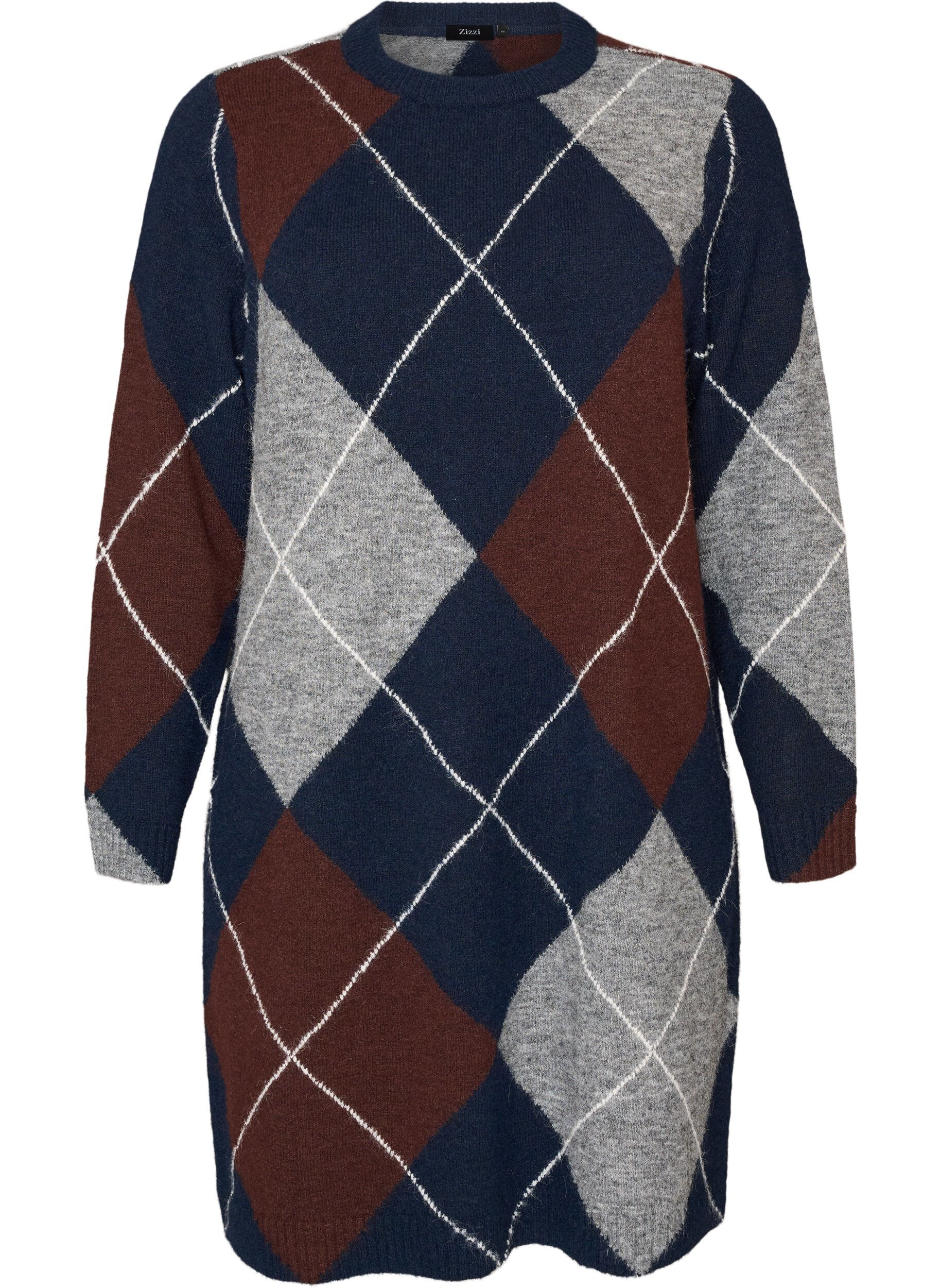 ZizziGebreide jurk met groot ruitpatroon, Blauw, Packshot image number 0