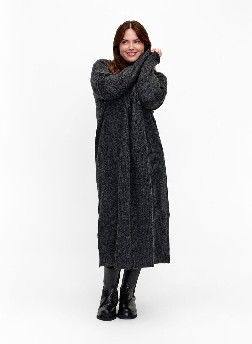 Lange oversized gebreide jurk met split, Grijs, Model image number 0