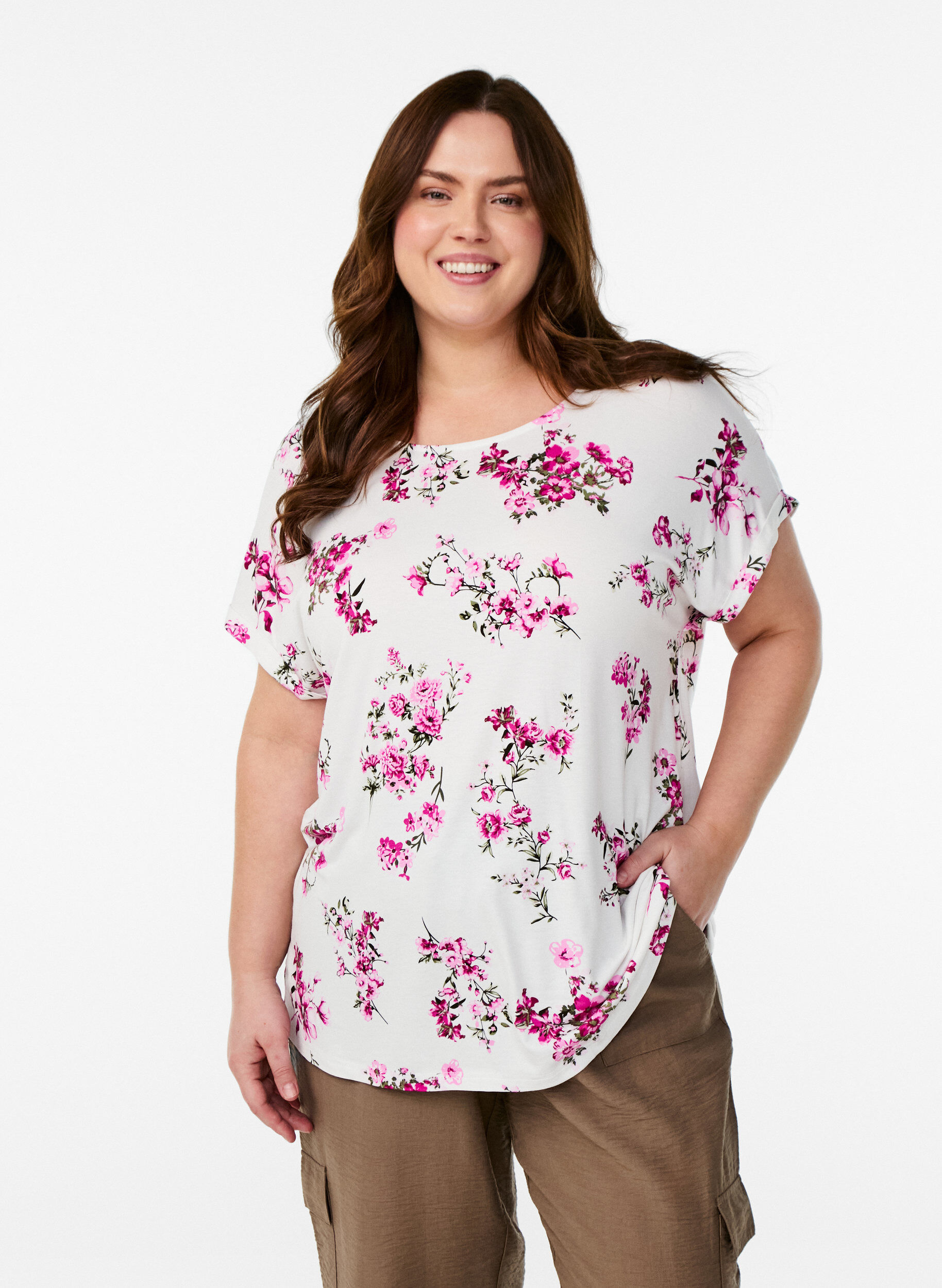 Zizzi T-shirt met bloemenprint, Roze, Model image number 0