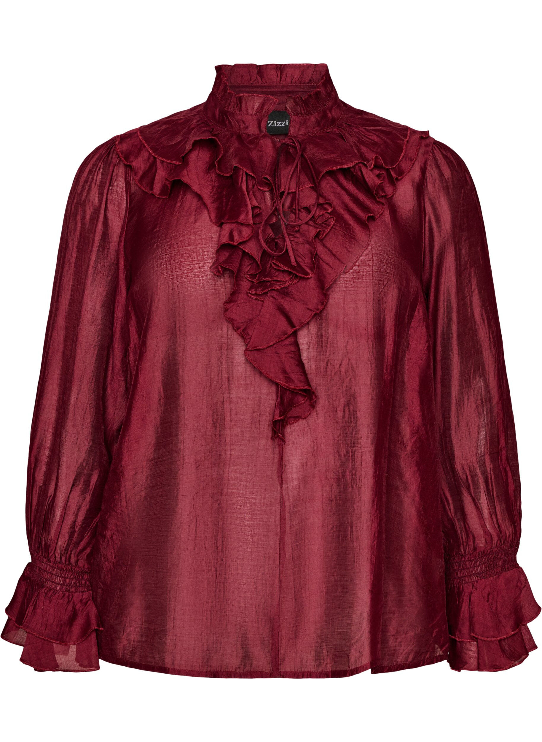 ZizziViscose blouse met ruches en lange mouwen, Rood, Packshot image number 0