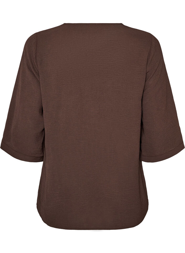Shirtblouse met V-hals en 3/4 mouwen, Bruin, Packshot image number 1