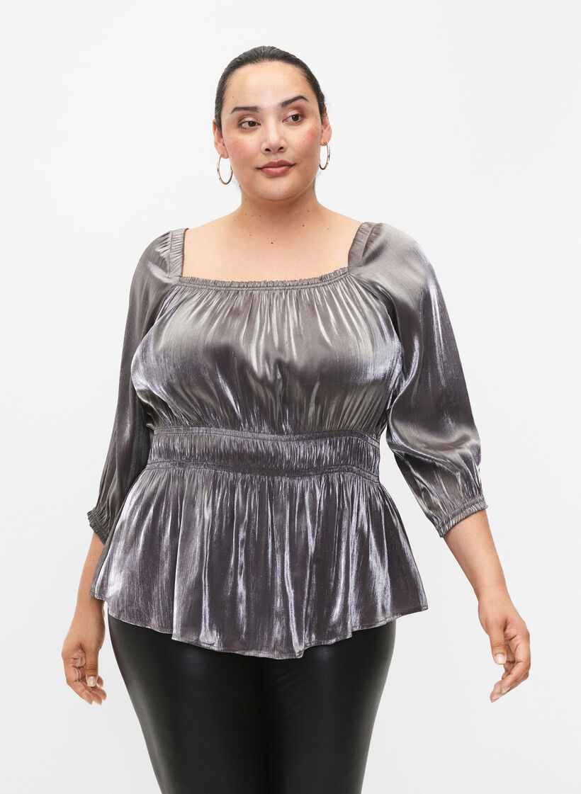 Zilverkleurige blouse met 3/4 mouwen en smok, Dark Silver, Model image number 0