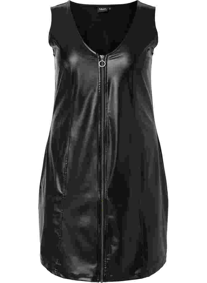 Kunstleren jurk met rits, Black, Packshot image number 0