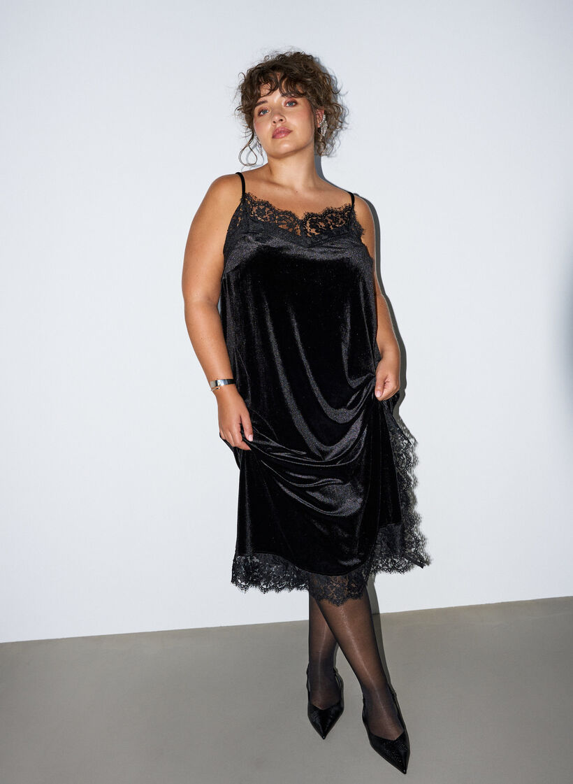 Fluwelen jurk met kant en zijsplit, Zwart, Model image number 0