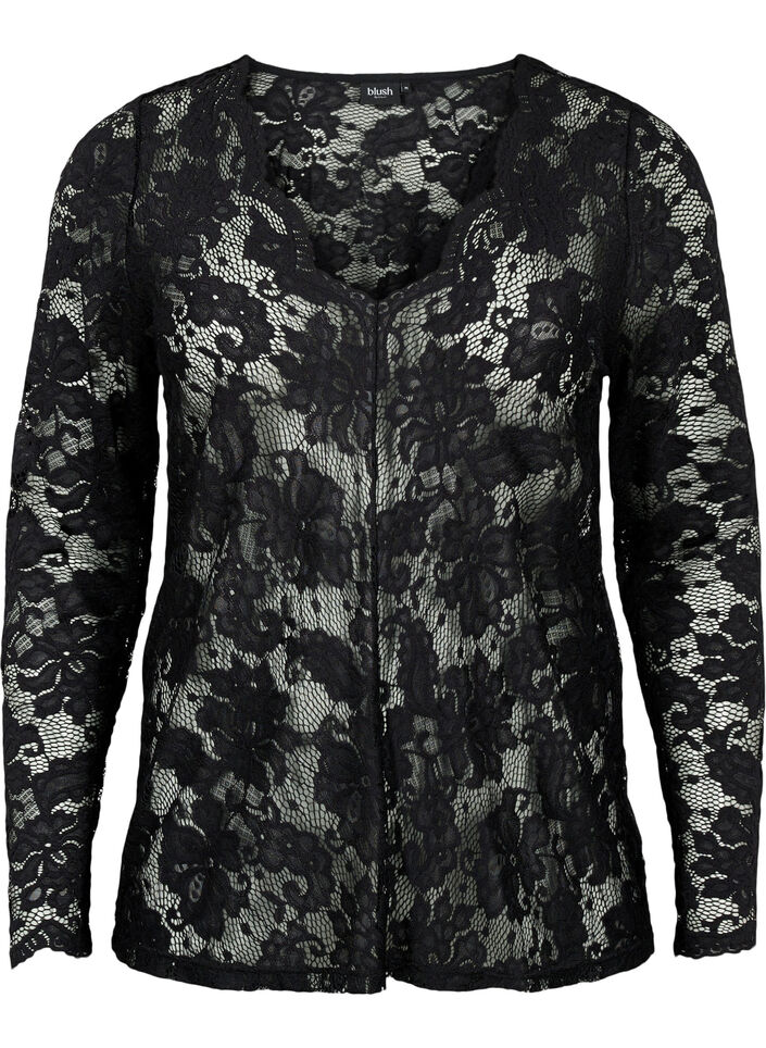 Kanten blouse met V-hals en lange mouw, Black, Packshot image number 0
