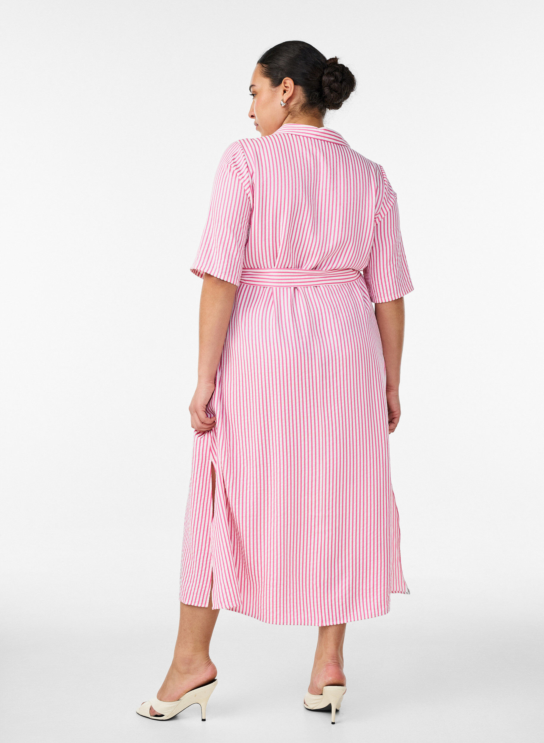 ZizziEnkellange overhemdjurk met strikceintuur en strepen, Roze, Model image number 1
