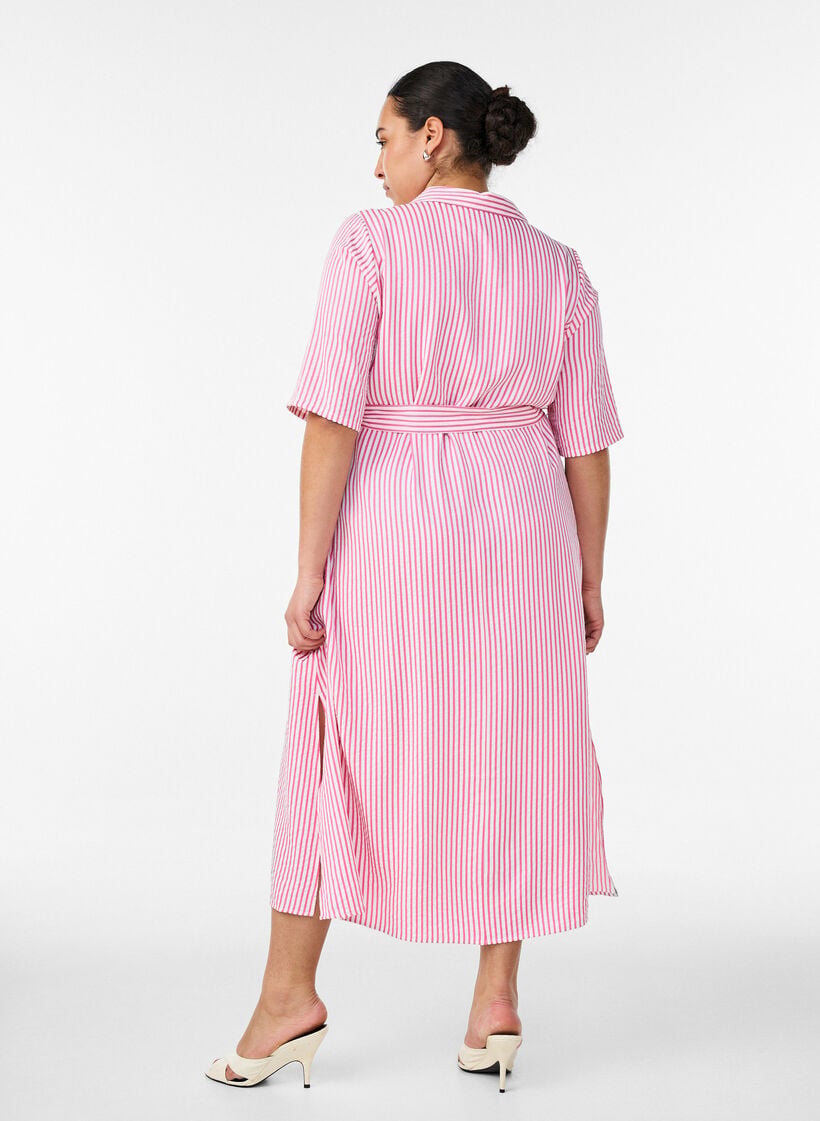 Enkellange overhemdjurk met strikceintuur en strepen, Roze, Model image number 1