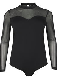 Bodystocking met studs en lange mesh mouwen, Black