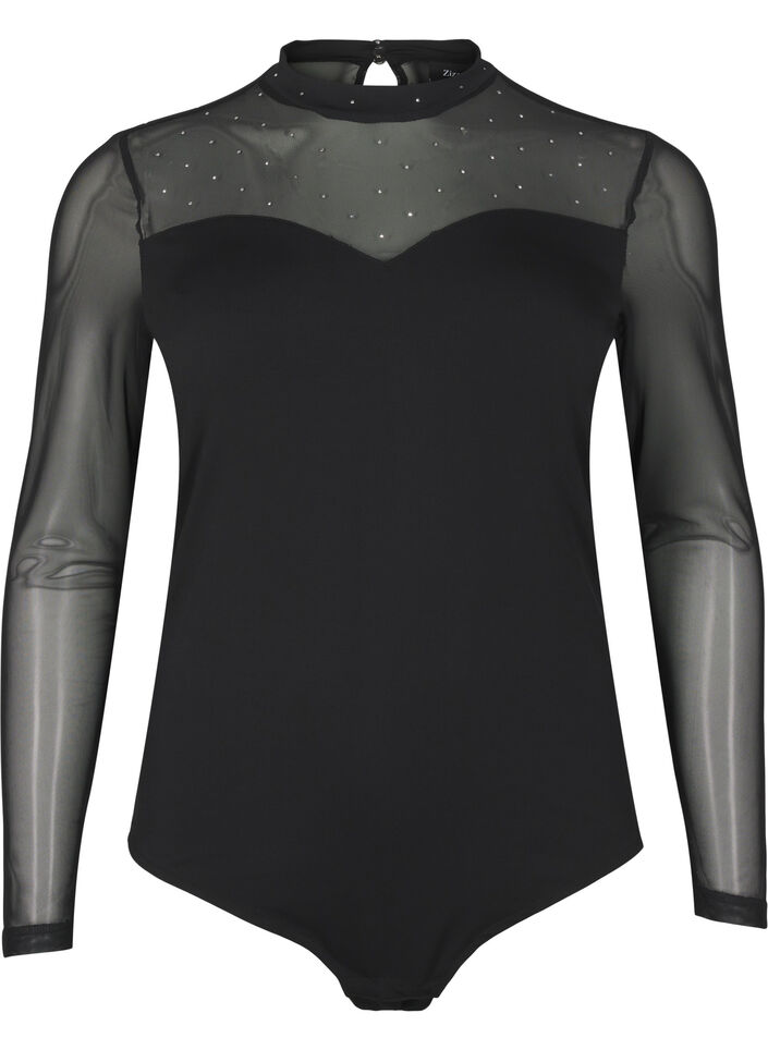 Bodystocking met studs en lange mesh mouwen, Black, Packshot image number 0