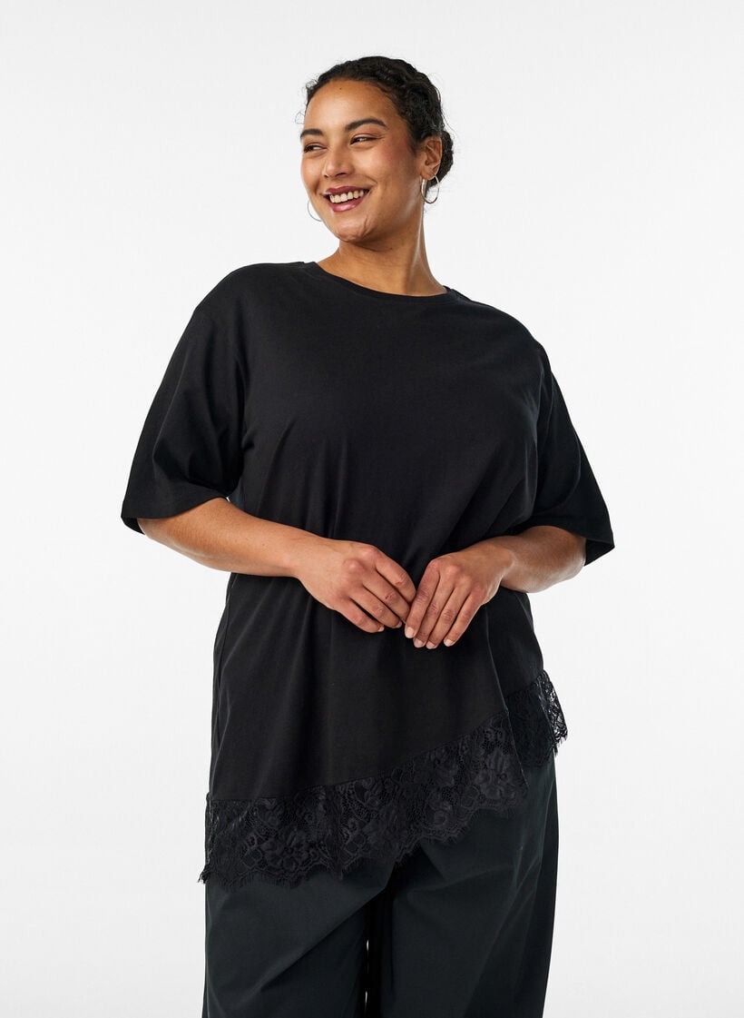 T-shirt met asymmetrische kanten zoom, Zwart, Model image number 0