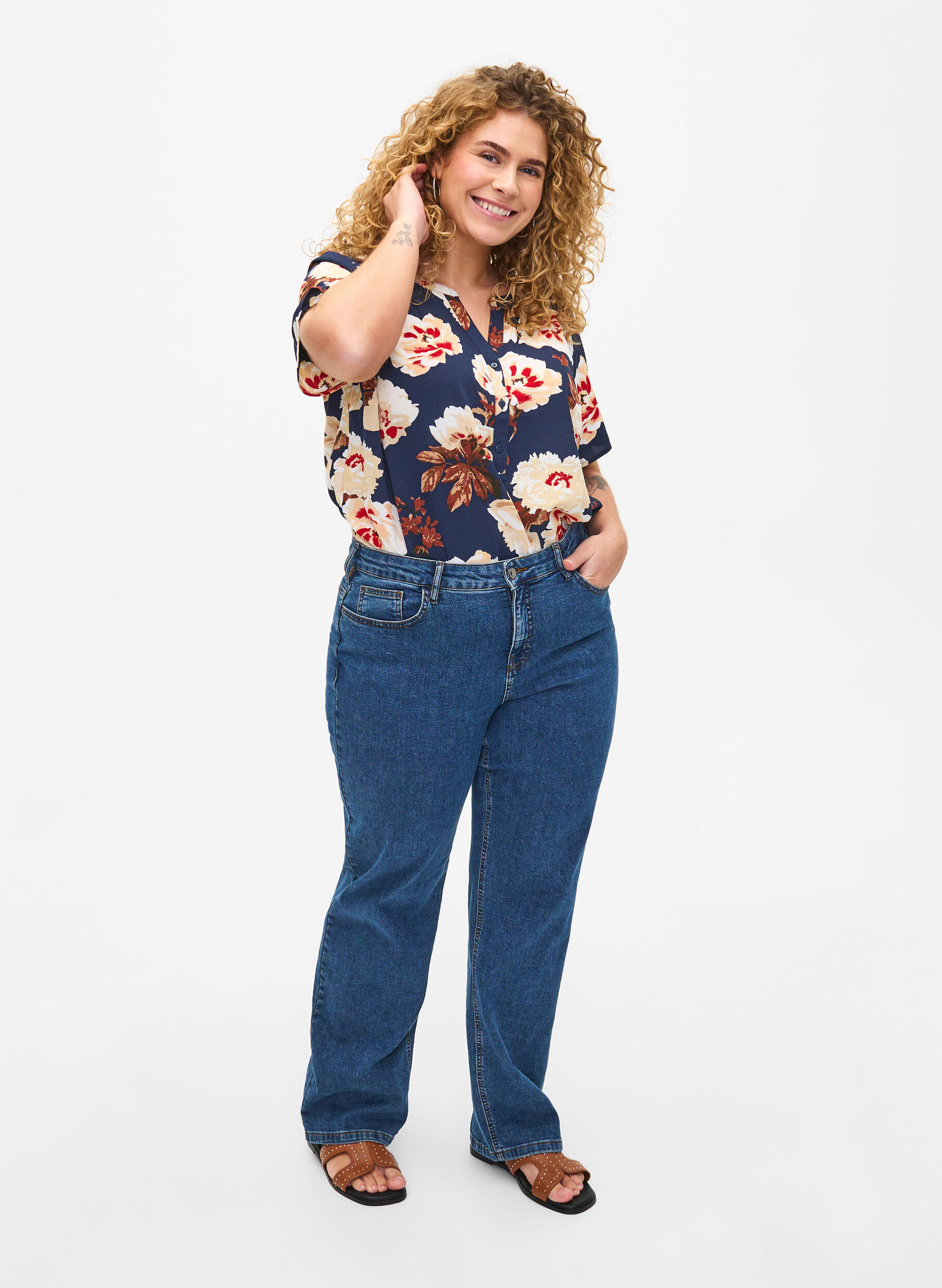 Zizzi Blouse met korte mouwen en v-halslijn, Blauw, Model image number 1