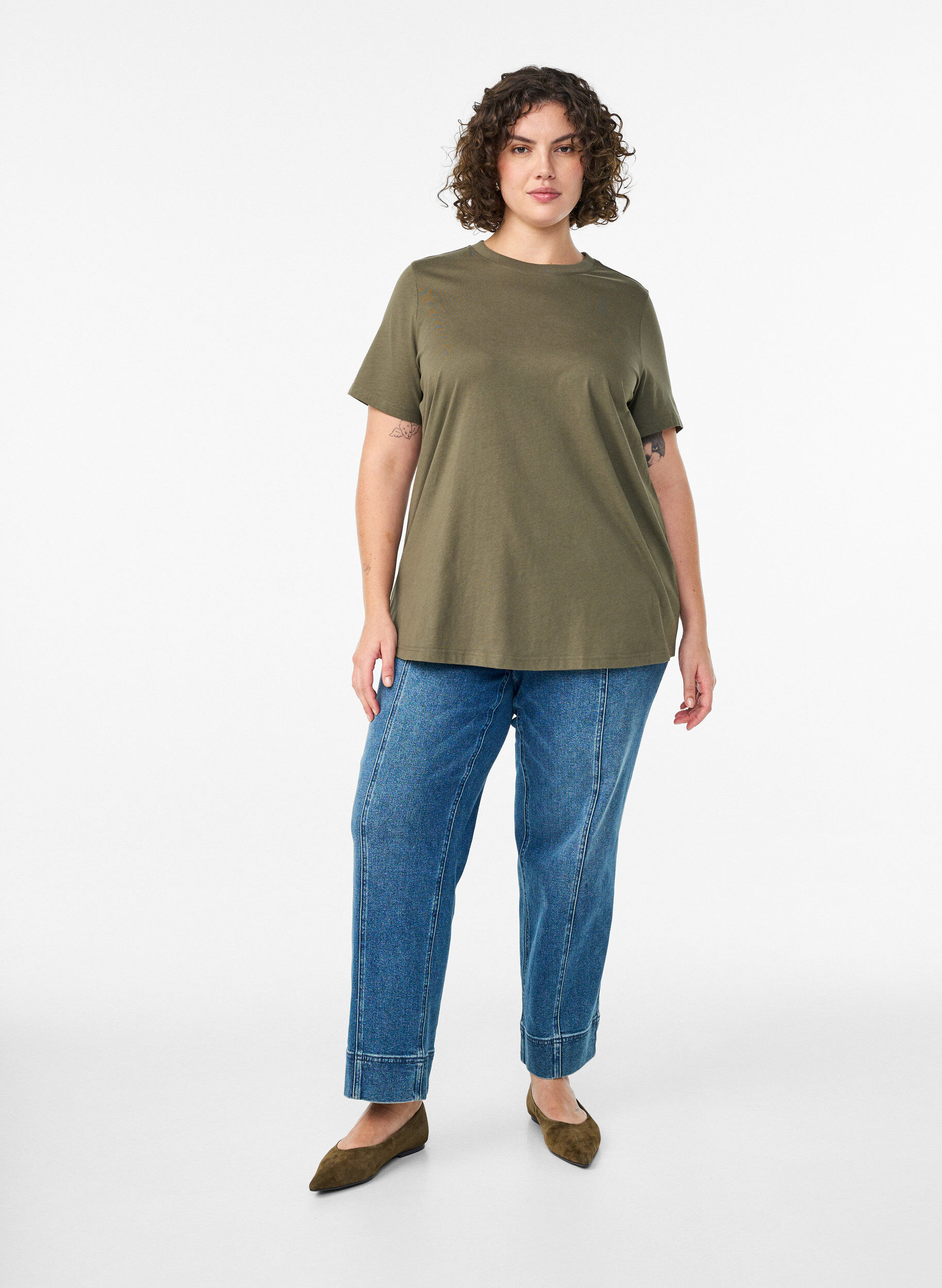 Zizzi Basic katoenen T-shirt met ronde hals, Groen, Model image number 1