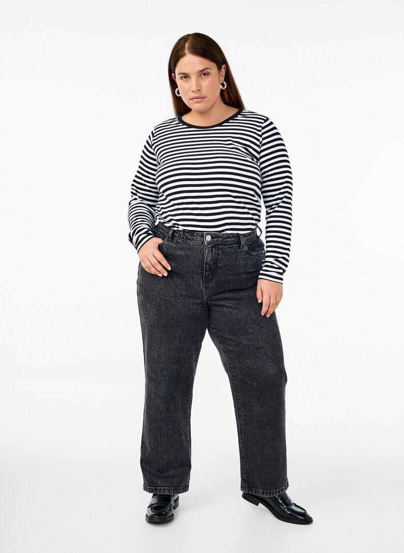 Gestreepte blouse met lange mouwen, Zwart, Model