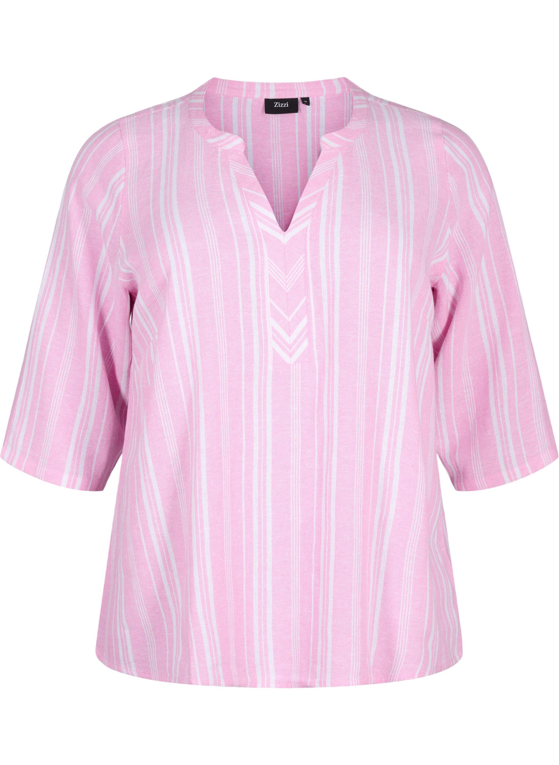 Zizzi Gestreepte blouse in een mix van linnen en viscose, Roze, Packshot image number 0