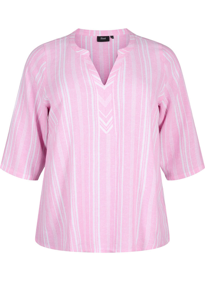 Gestreepte blouse in een mix van linnen en viscose, Roze, Packshot image number 0