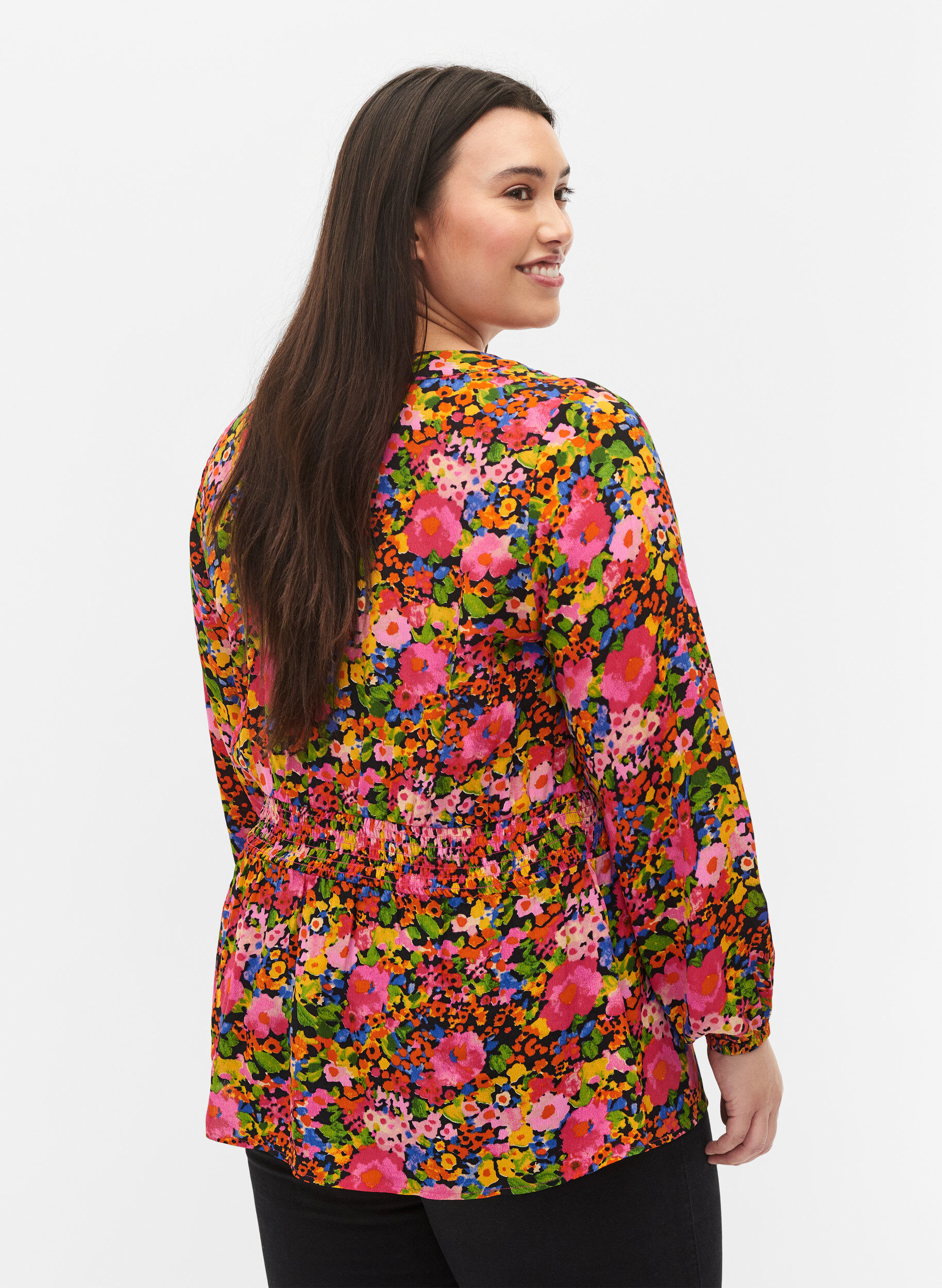 Zizzi Viscose blouse met bloemenprint en smok, Neon Flower Print, Model image number 1