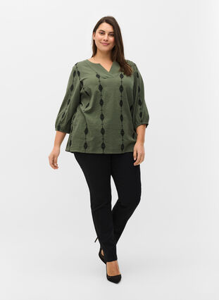 Gedessineerde blouse met v-snit en 3/4 mouwen, Thyme, Model image number 2