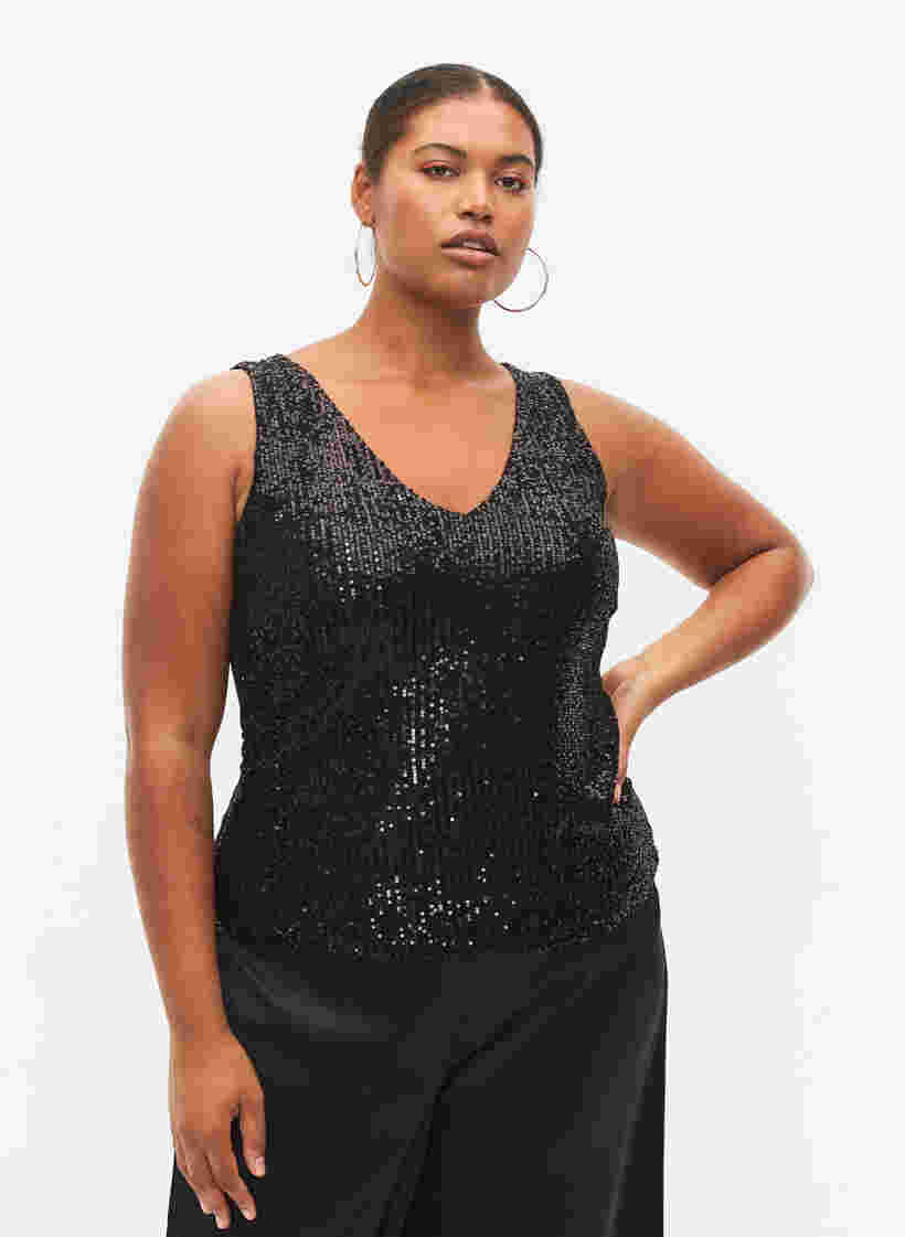 Mouwloze pailletten top met v-hals, Black, Model image number 0