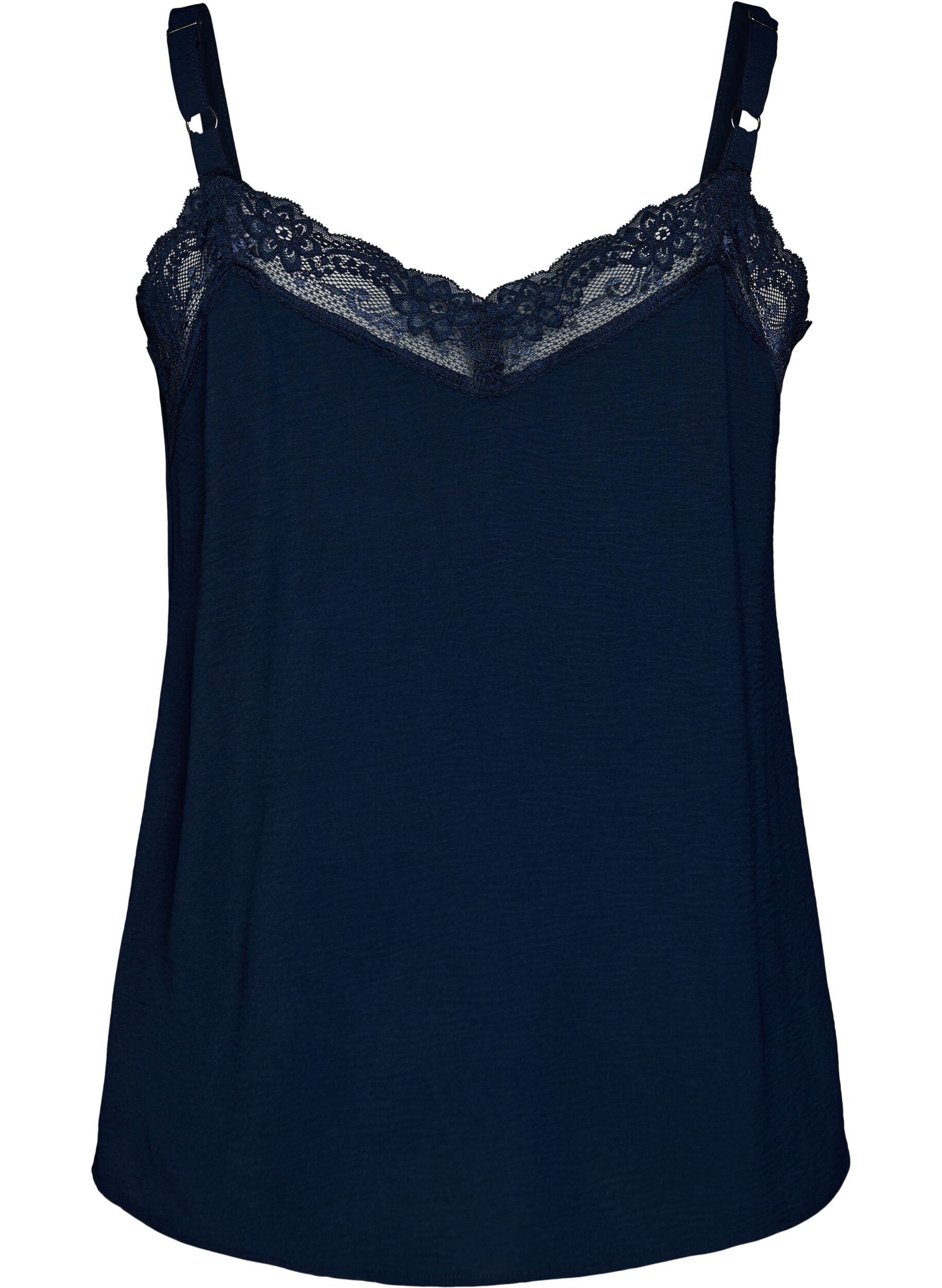 Zizzi Cami top met V-hals en kanten rand, Blauw, Packshot image number 1