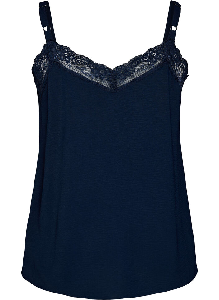 Cami top met V-hals en kanten rand, Blauw, Packshot image number 1