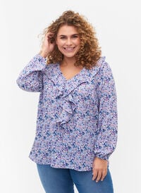 Bedrukte blouse met ruches (GRS), Purple Ditzy Flower, Model