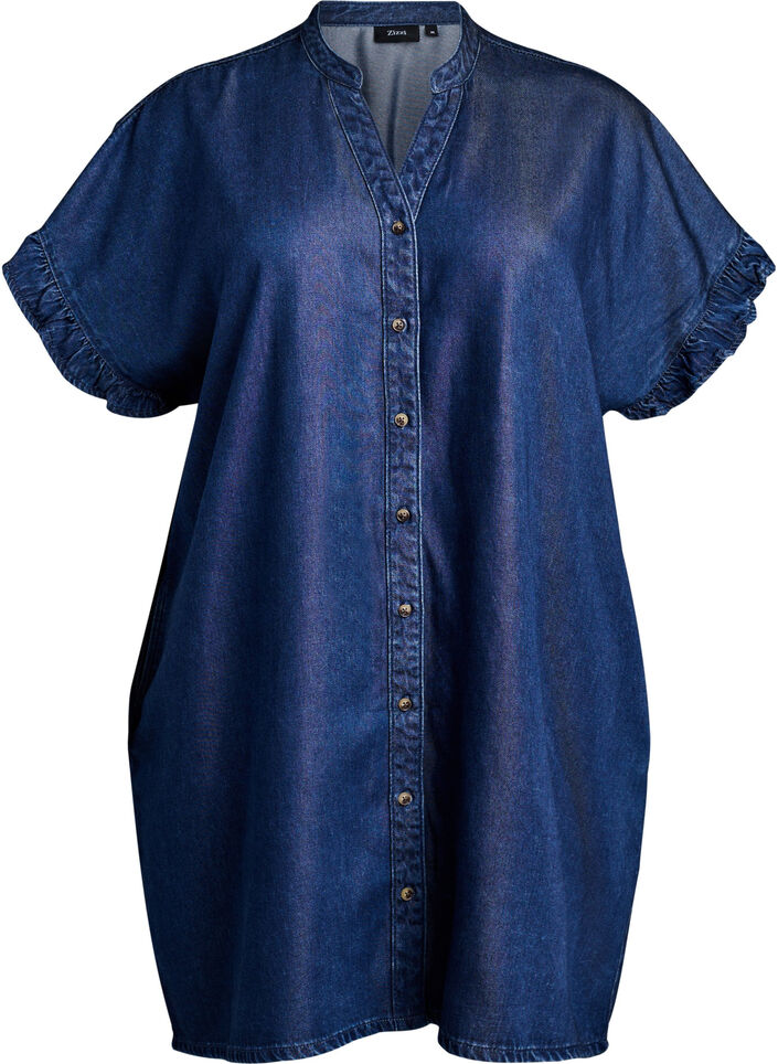 Denimlook jurk met knoopsluiting en ruches mouwtjes, Blauw, Packshot image number 0
