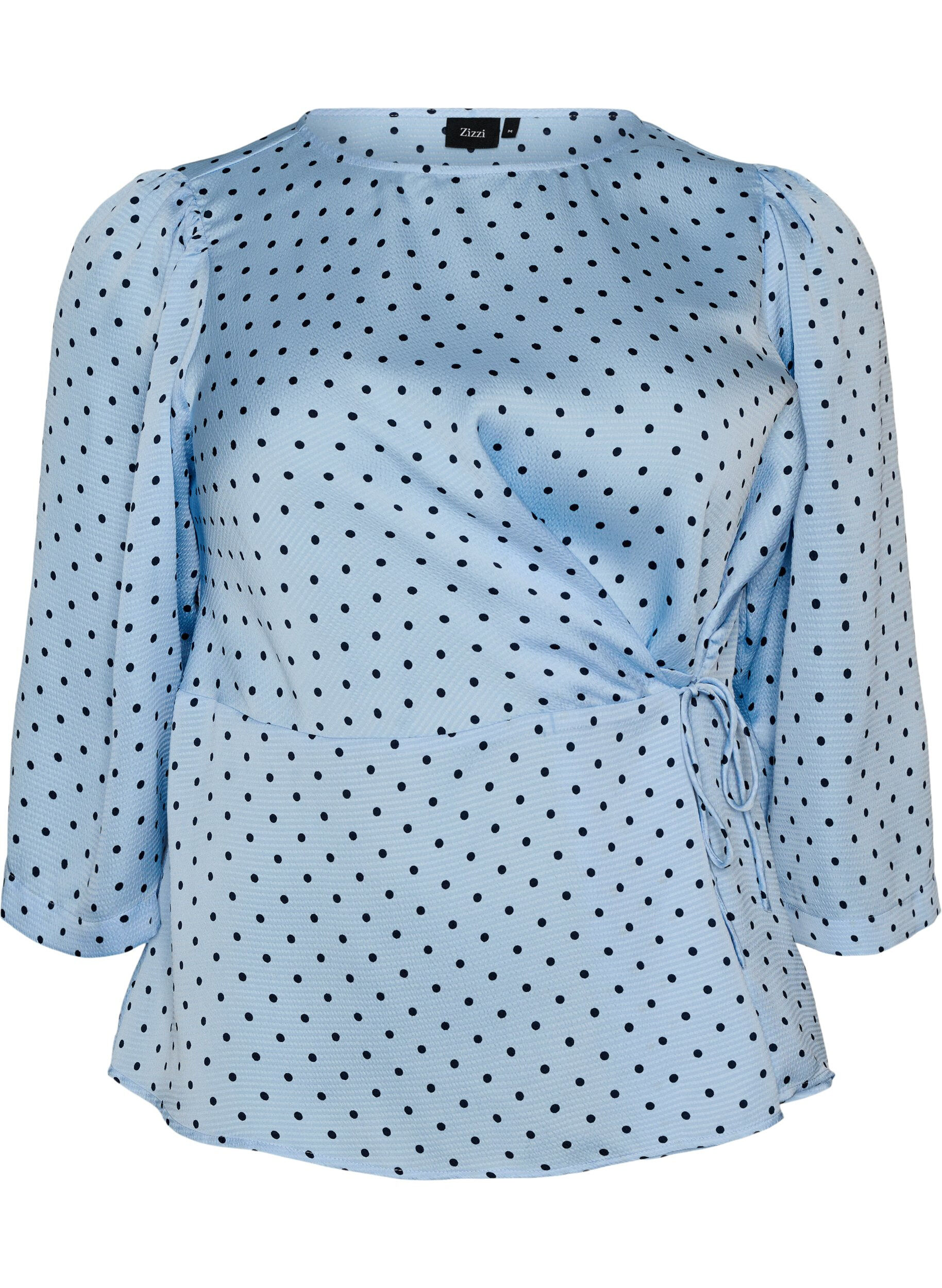 Zizzi Blouse met stippen, striksluiting en 3/4-mouwen, Blauw, Packshot image number 0