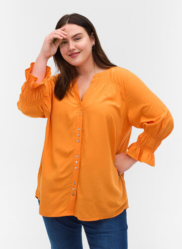 Viscose blouse met knoopsluiting en 3/4-mouwen, Tangelo, Model image number 0