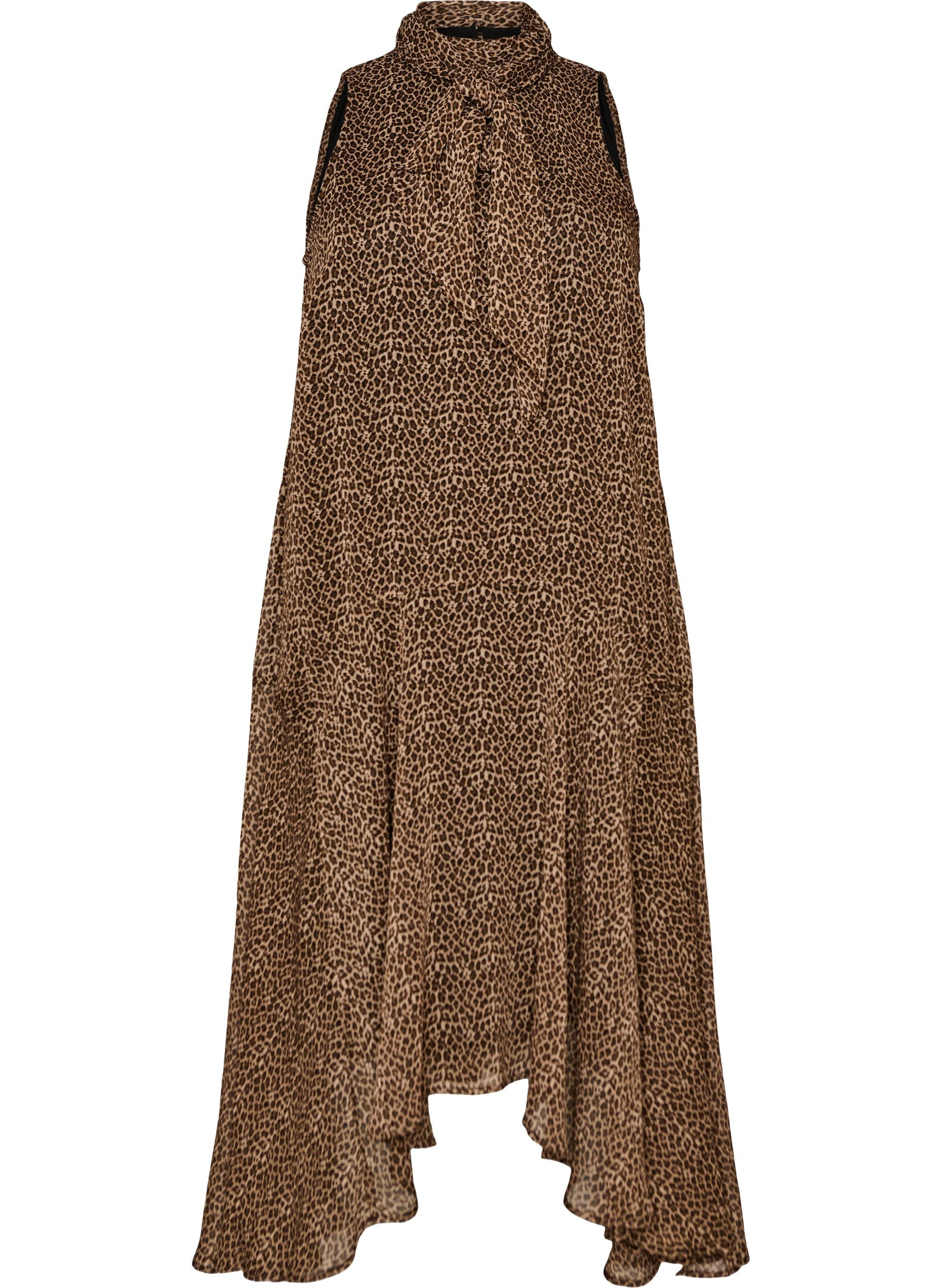ZizziMidi jurk in chiffon met luipaardprint en een strik in de taille, Bruin, Packshot image number 0