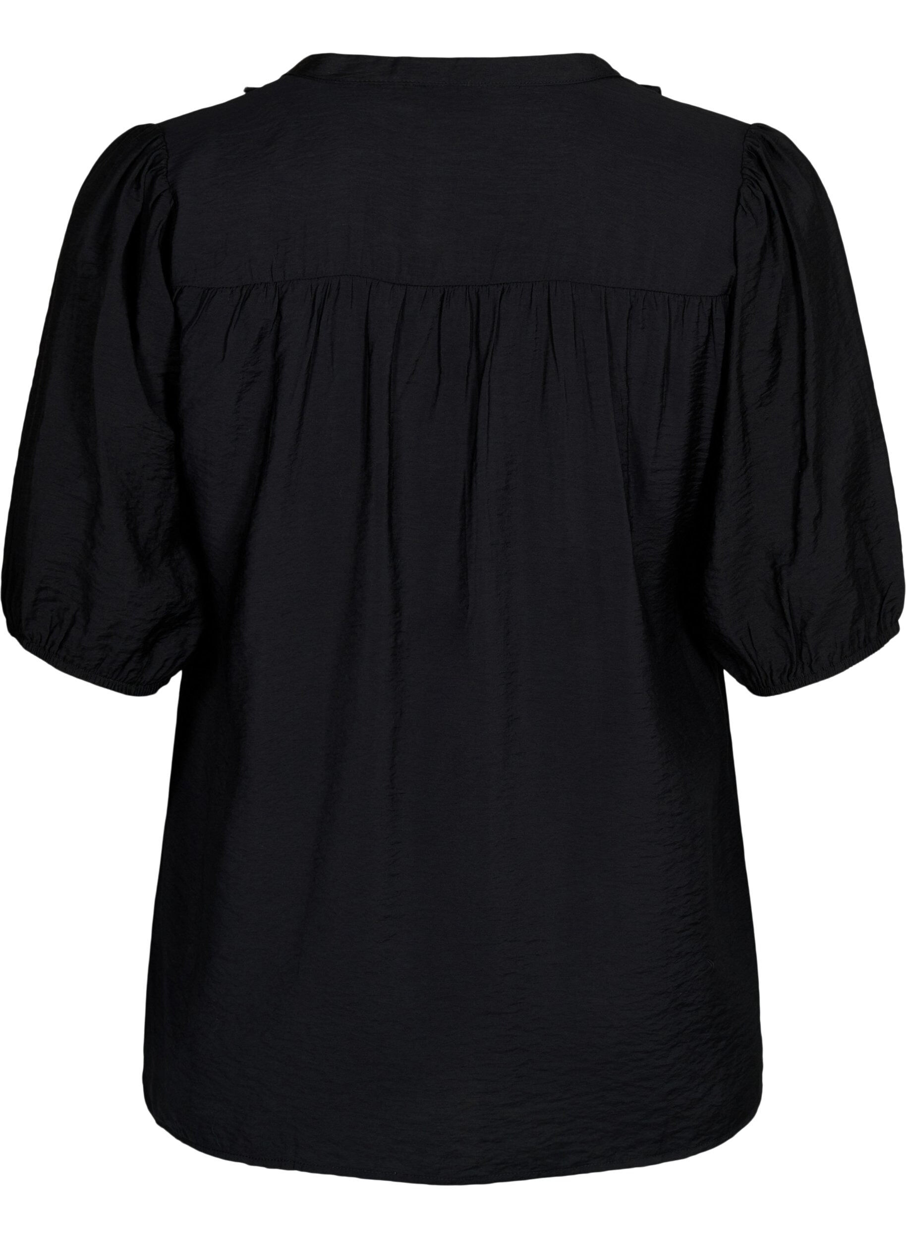 Zizzi Viscose blouse met pofmouwen en ruches, Black, Packshot image number 1