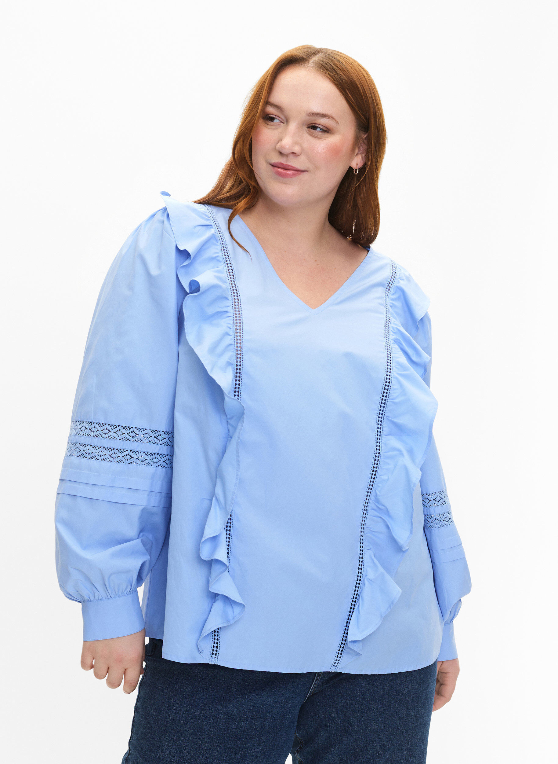 Zizzi Blouse met ruffels en veters, Blauw, Model image number 0