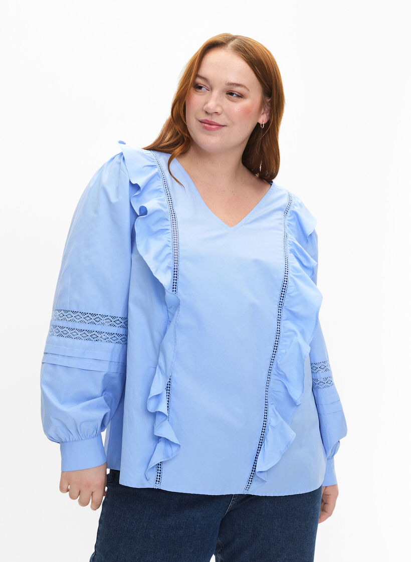 Blouse met ruffels en veters, Blauw, Model image number 0