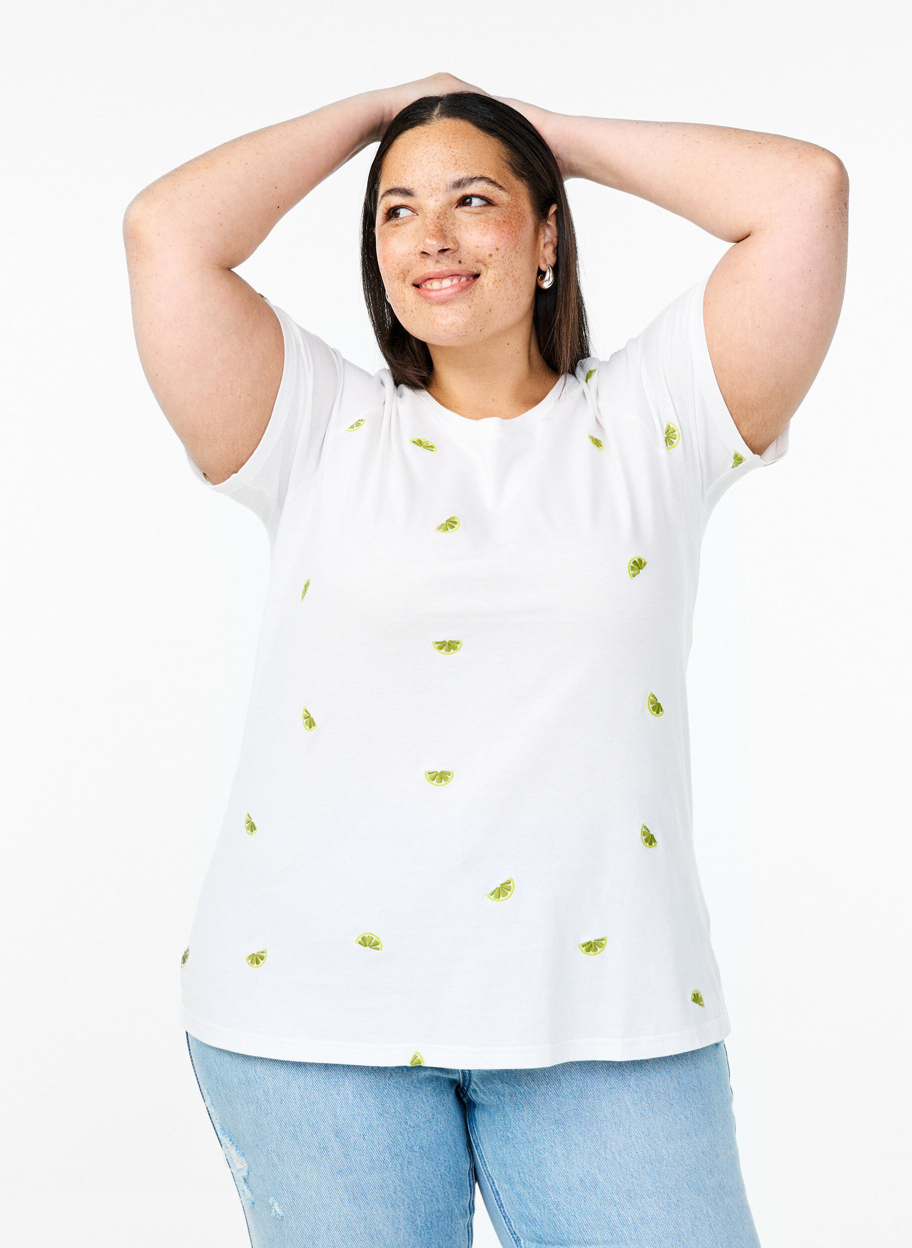 Zizzi T-shirt in biologisch katoen met geborduurde motieven, Wit, Model image number 0