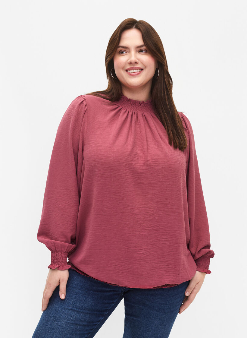 Effen smok blouse met lange mouwen, Dry Rose, Model image number 0