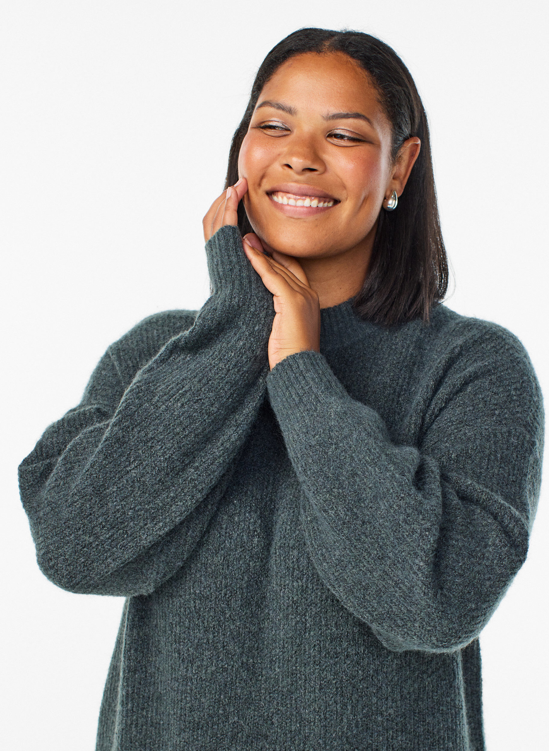 Zizzi Lange gebreide jurk met hoge hals, Groen, Model image number 2