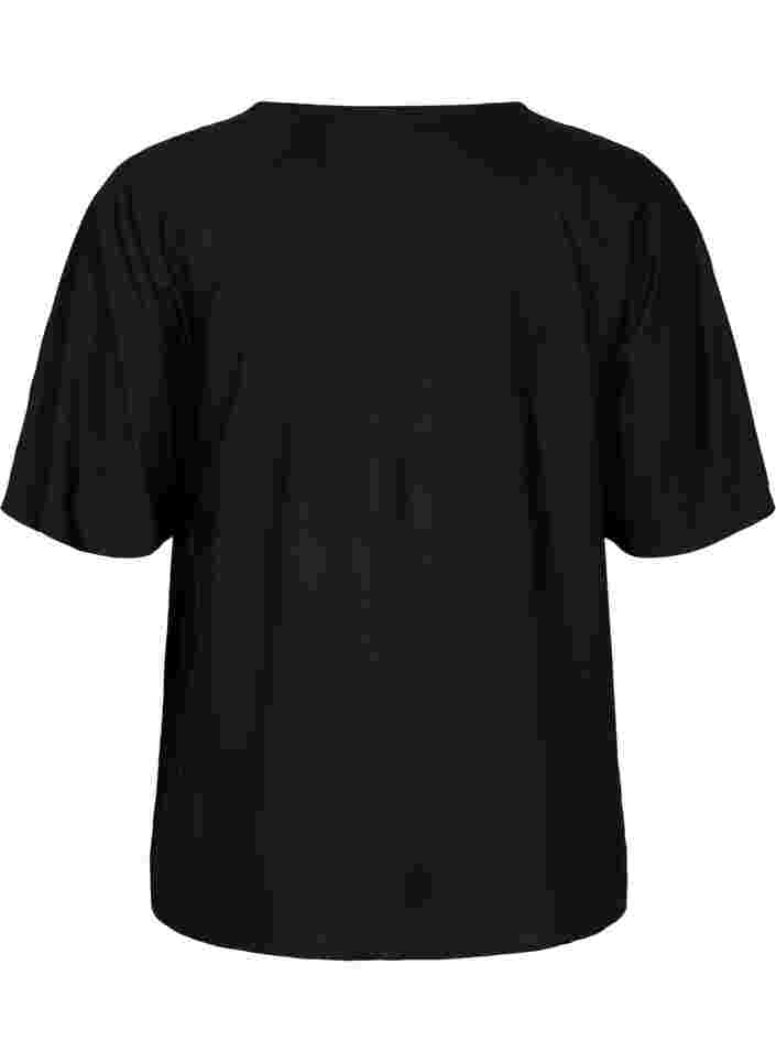 Viscose blouse met korte mouwen en touwtjes detail, Black, Packshot image number 1