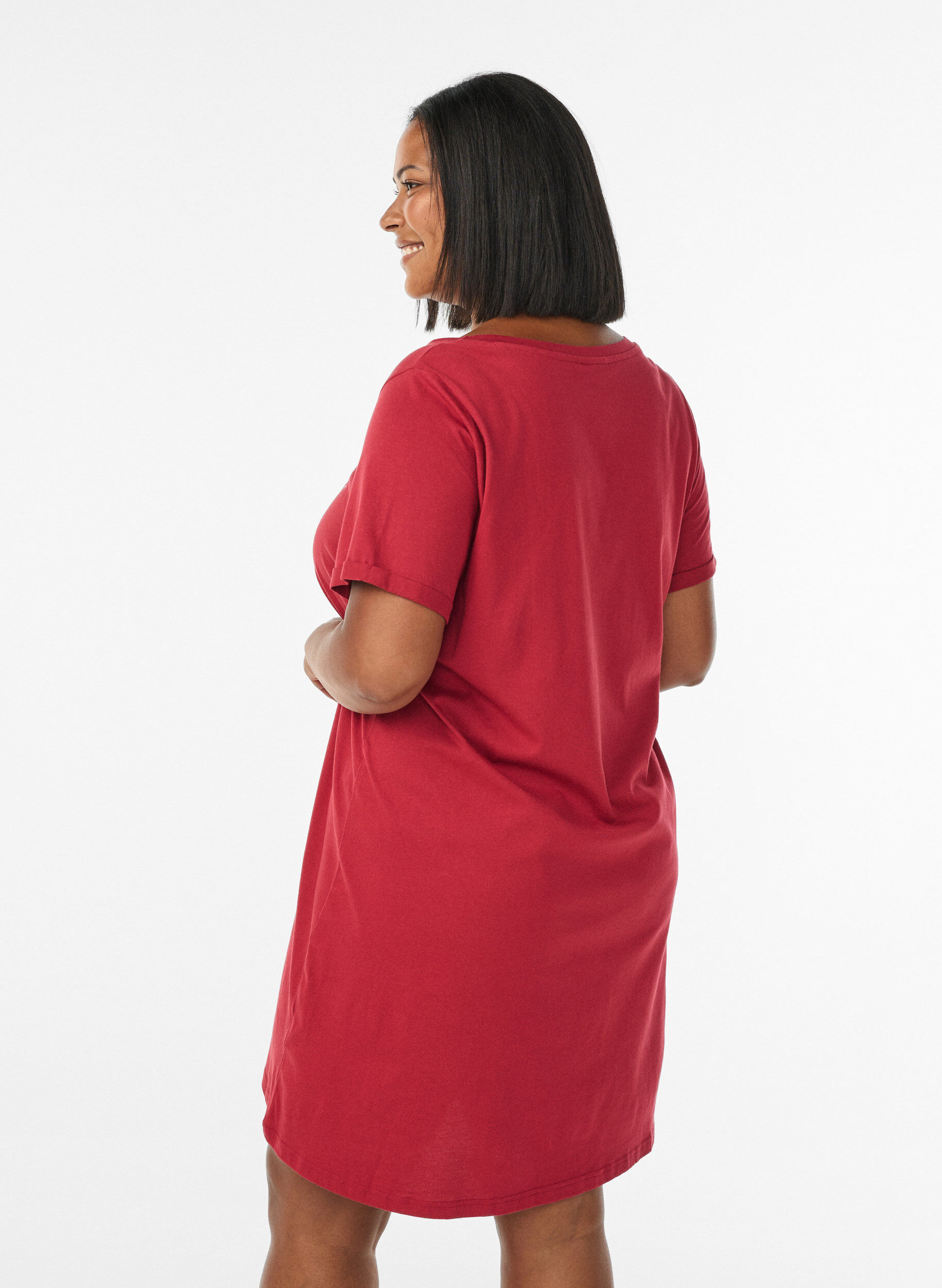 Zizzi Nachtjapon van biologisch katoen met korte mouwen, Rood, Model image number 2