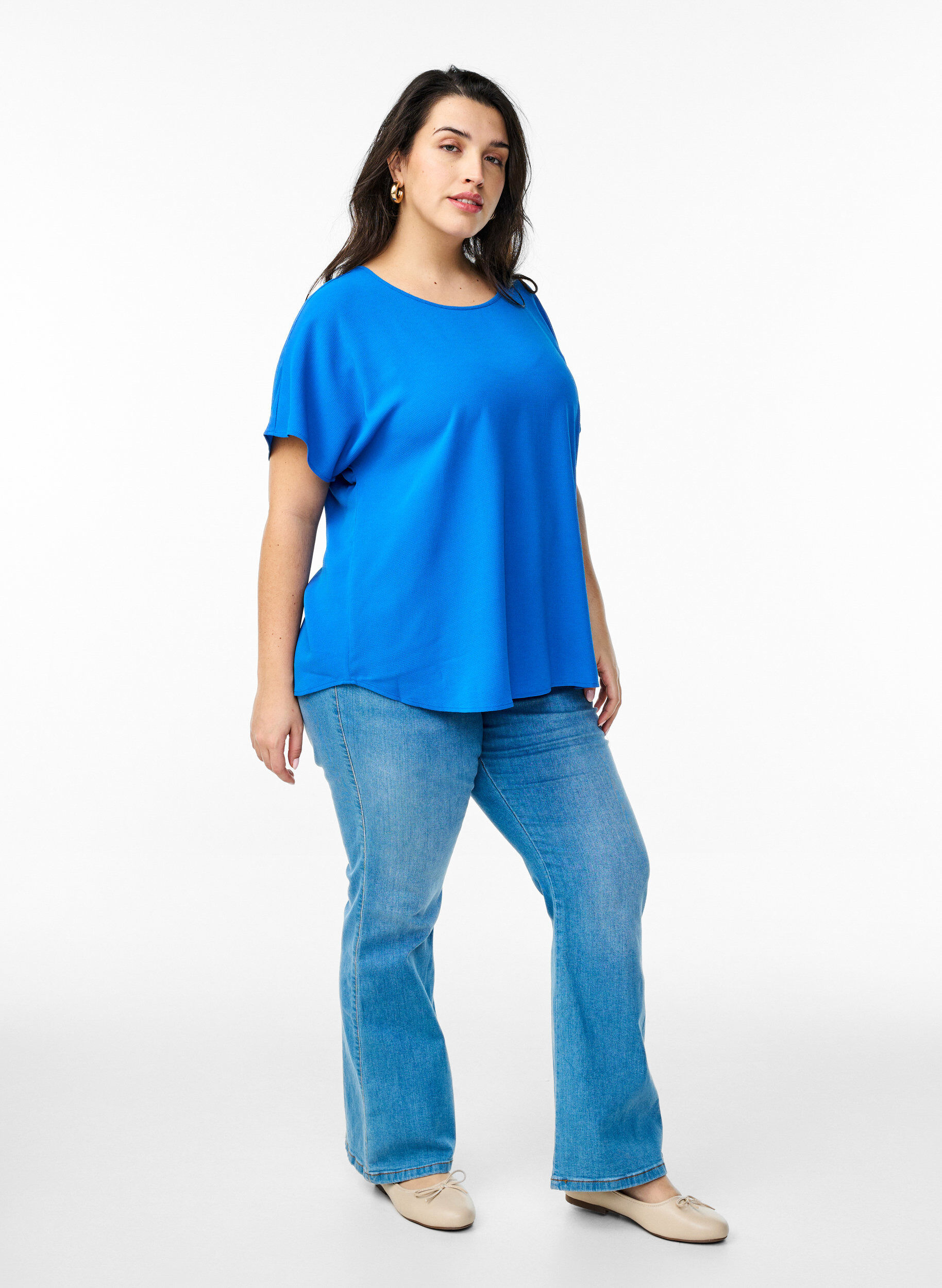 ZizziBlouse met korte mouwen en een ronde halslijn, Blauw, Model image number 1