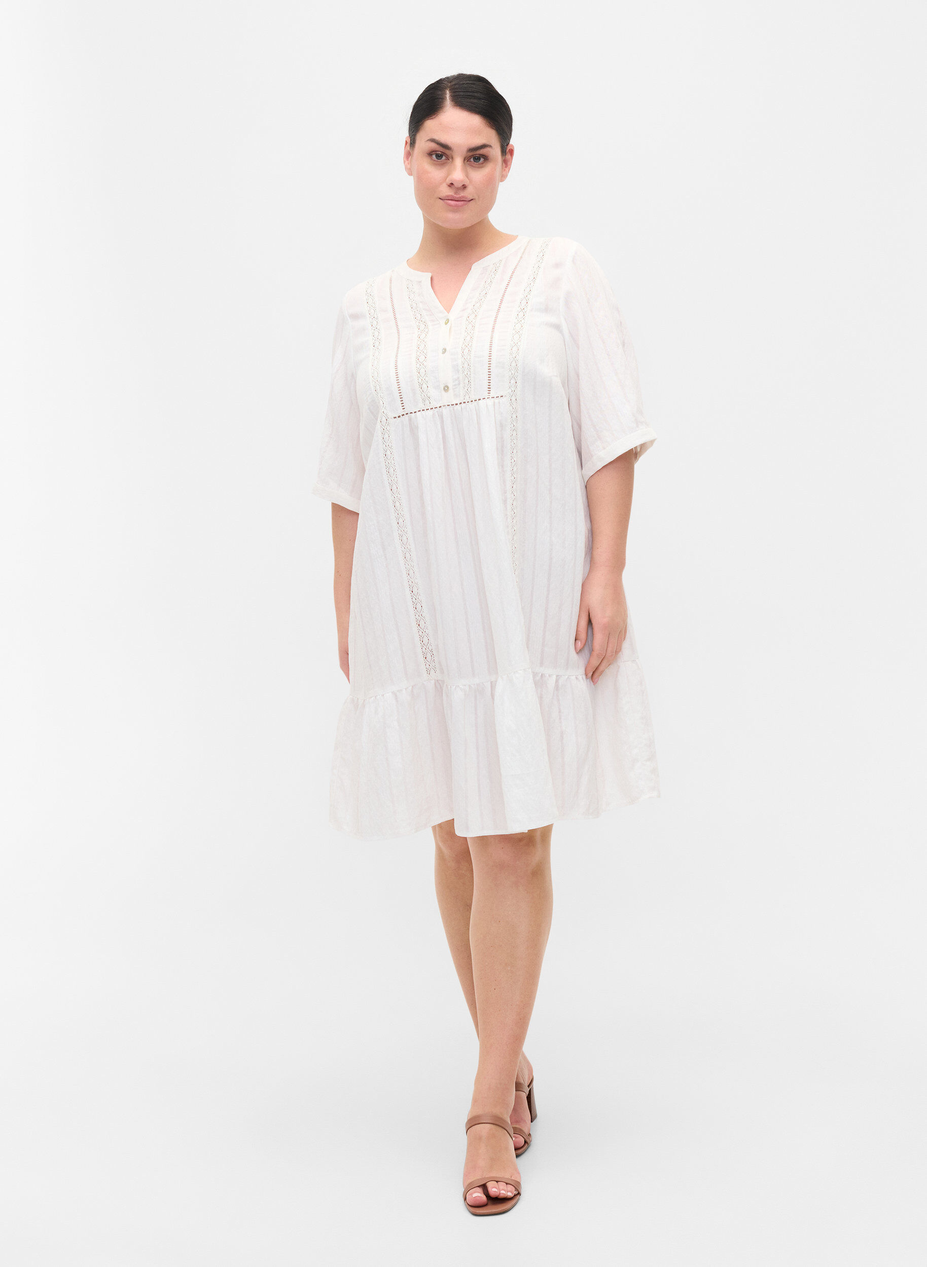 Zizzi Gestreepte viscose jurk met kanten lint, Bright White, Model image number 2