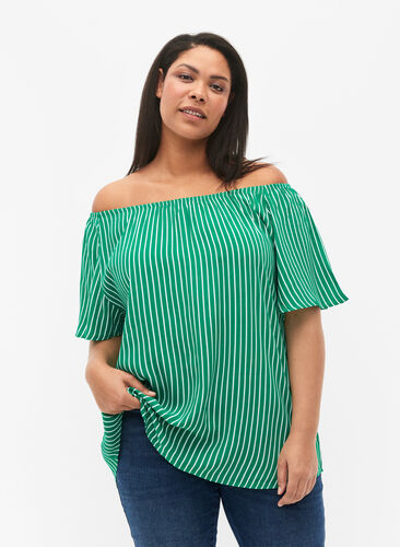 Gestreepte blouse van viscose met korte mouwen, J.Green/White Stripe, Model image number 0
