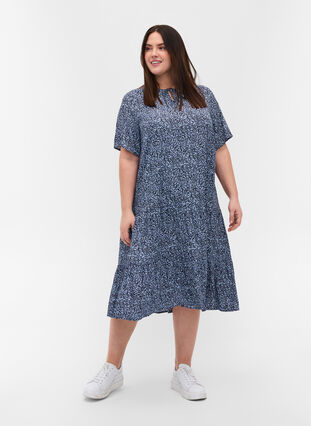 Viscose jurk met print en korte mouwen, Blue Flower Mix, Model image number 2