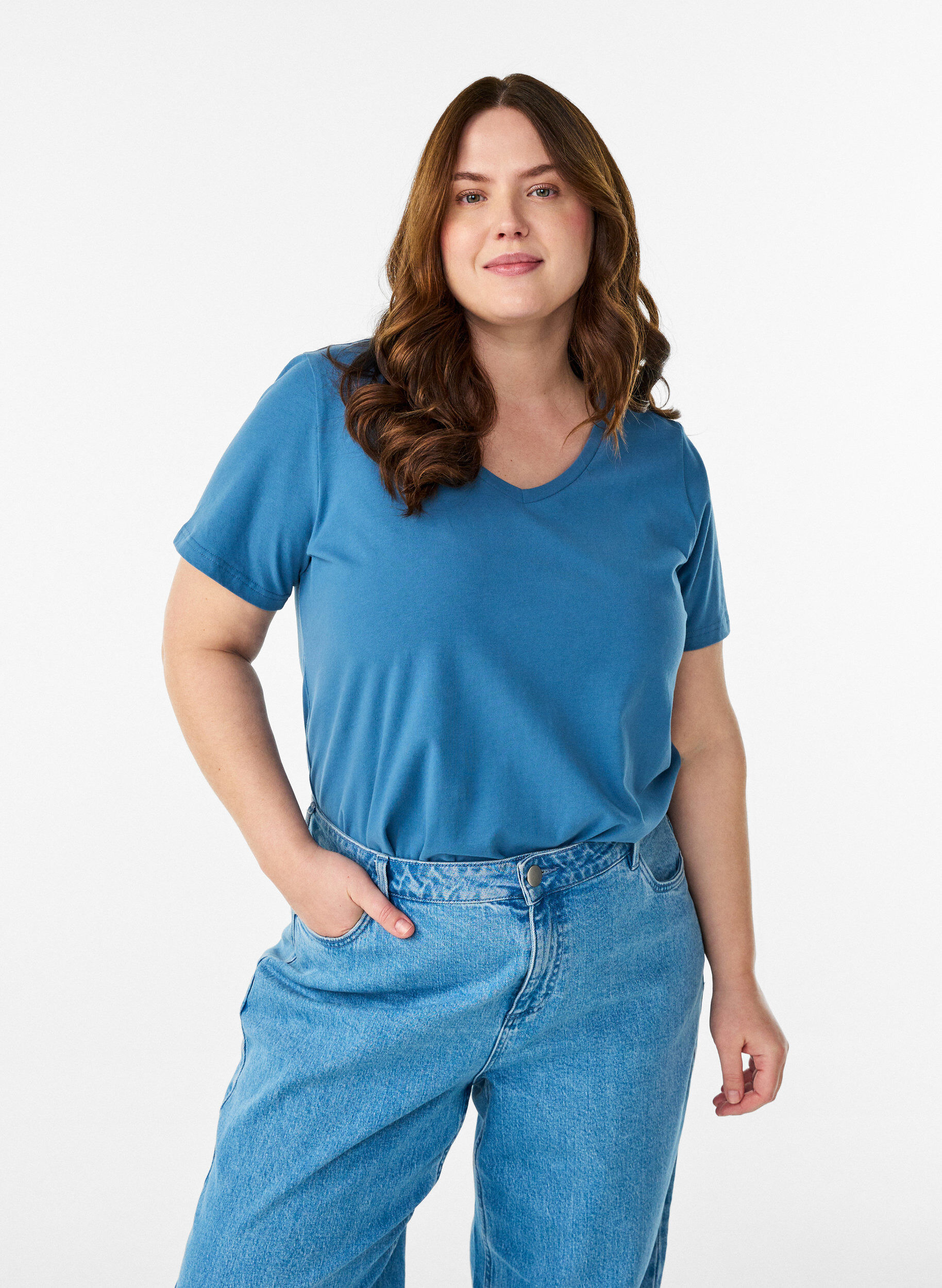 Zizzi Effen basic katoenen T-shirt, Grijs, Model image number 0