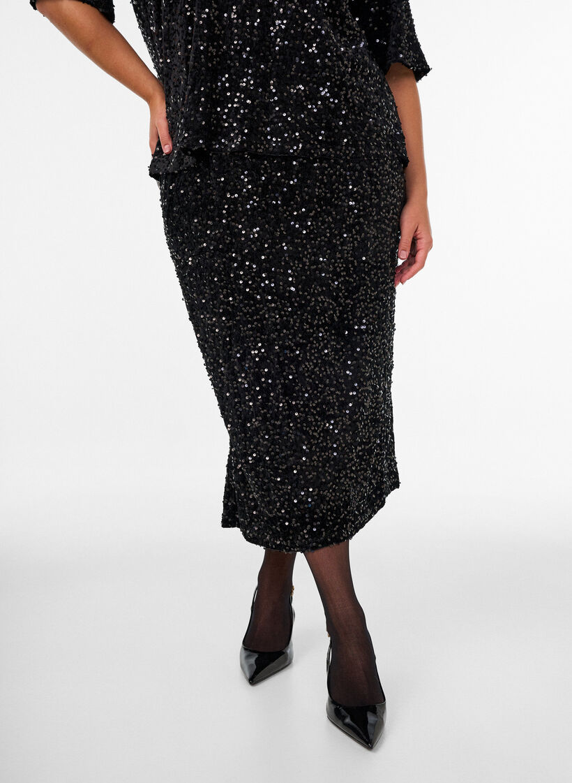 Midirok met pailletten en splitten, Zwart, Model image number 2