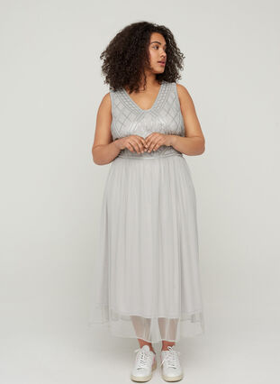 Midi-jurk met pailletten en v-hals, LIGHT GREY, Model image number 3