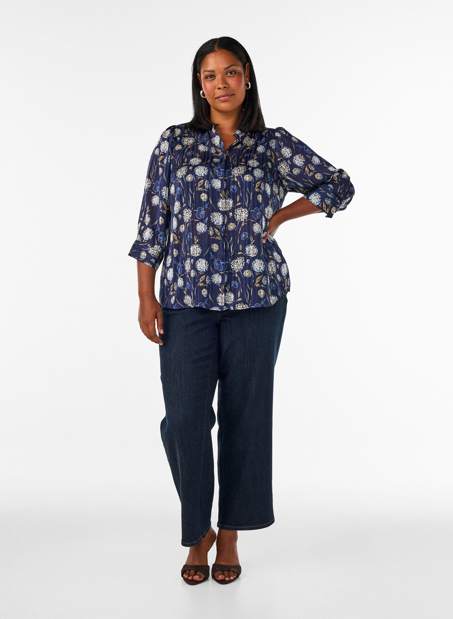 ZizziBlouse met patroon, opstaande kraag en 3/4-mouwen, Blauw, Model image number 1