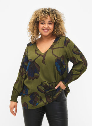 Viscose blouse met lange mouwen en bloemenprint	, Green Big Flower, Model image number 0