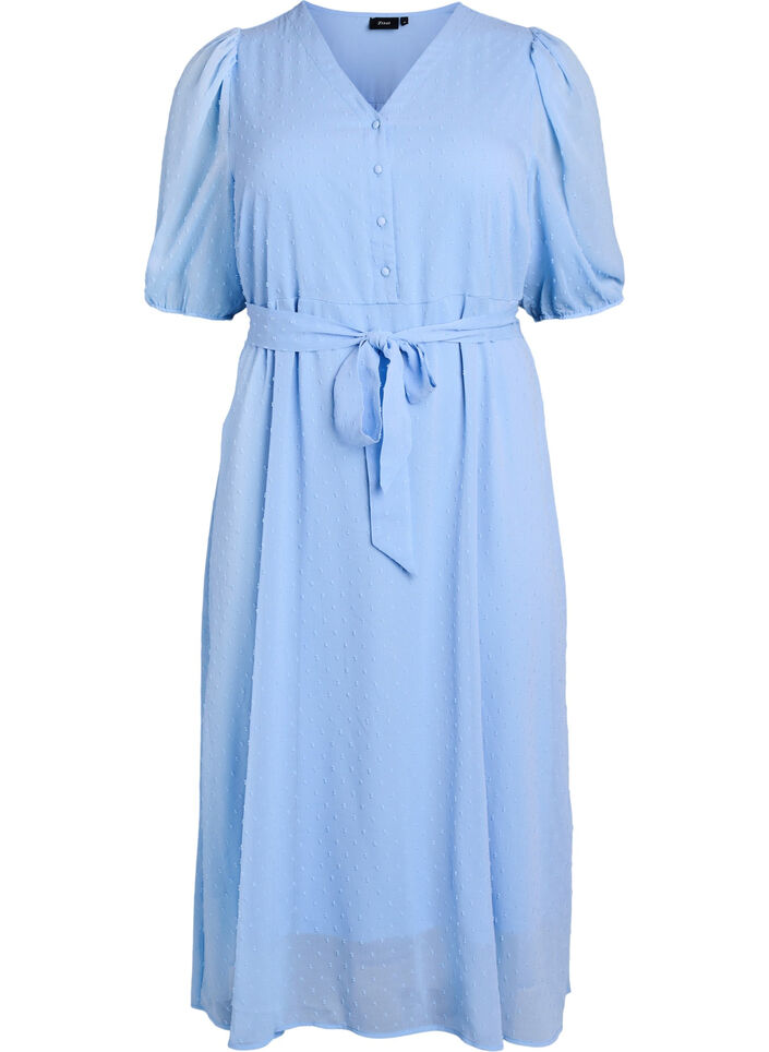 Midi jurk met V-hals en striksluiting, Blauw, Packshot image number 0